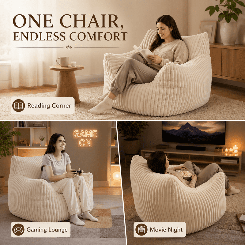 Giant Bean Bag Chair for Adults, 46" Oversized Corduroy Bean Bag Sofa with Armrests, Shredded Foam Floor Lounge Chair, Supports 400 lbs, Beige