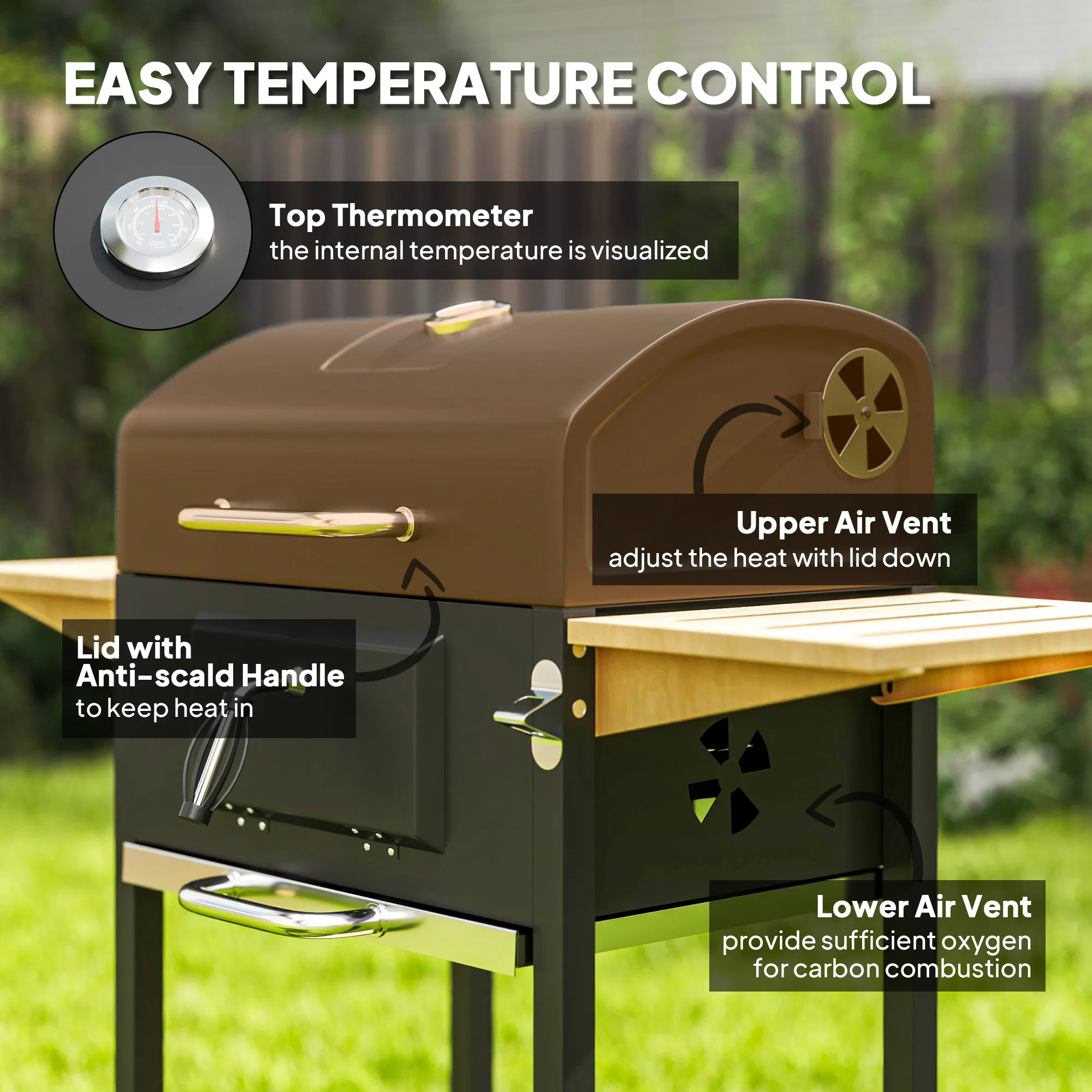 Charcoal BBQ Grill 245 Sq.In. Cooking Area, Outdoor Barbecue Grill with Adjustable Charcoal Pan, 3 Shelves, Thermometer & Wheels, Black for Patio Backyard Picnic