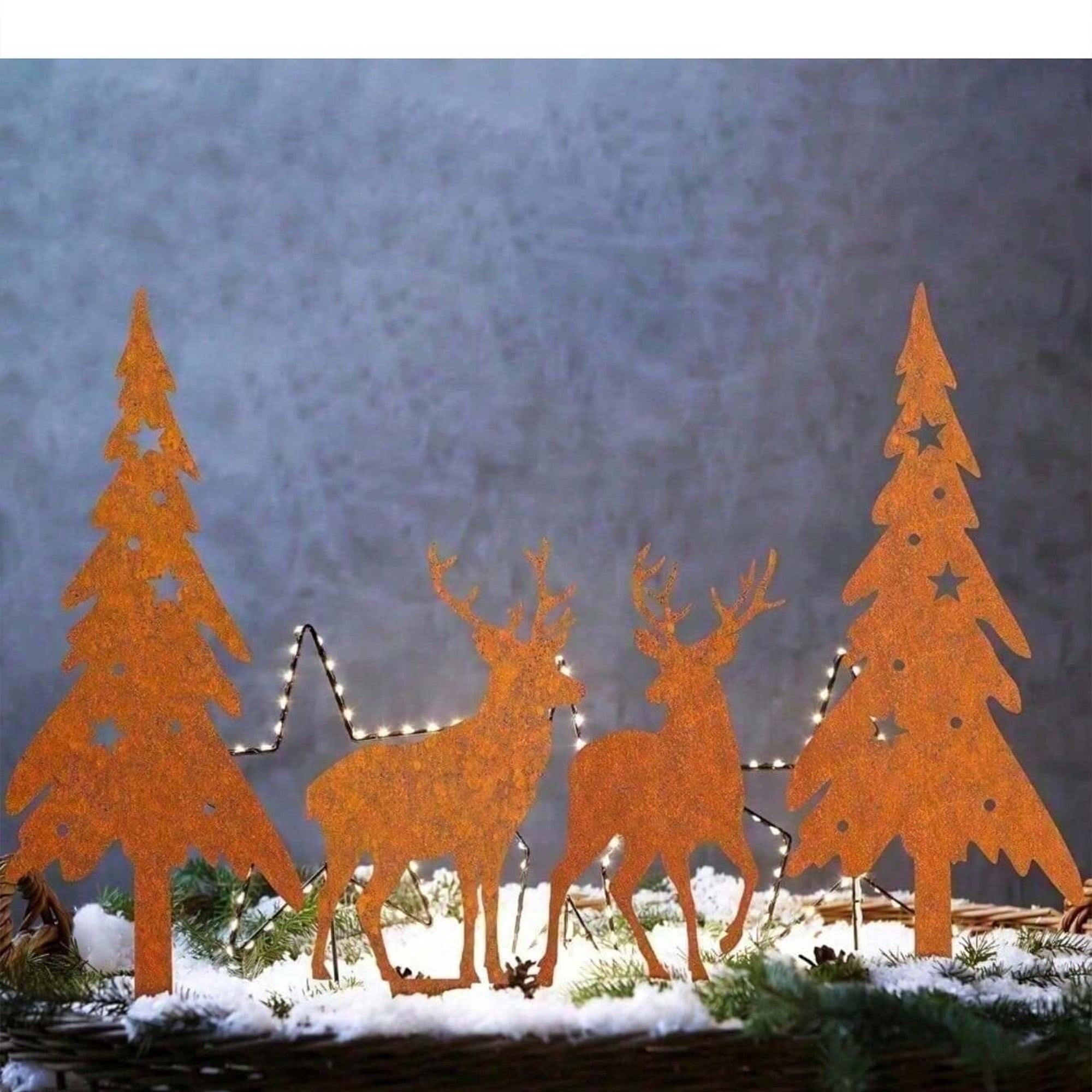 4 Pcs Metal Deer and Tree Sculpture Set Rustic Garden Statues,Cute Animal Silhouette Yard Art for Yard Art, Outside, Patio, Outdoor Decor, Garden Decorations, Lawn Ornaments