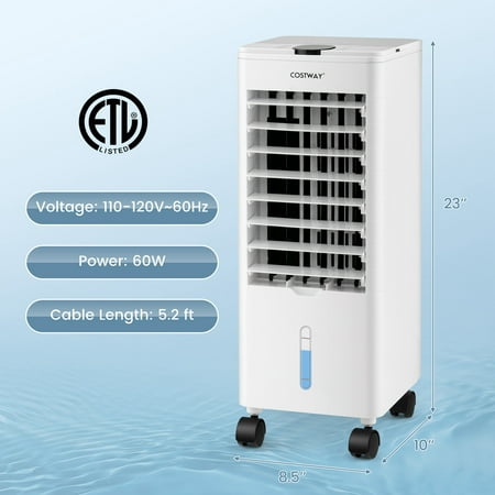 Costway Evaporative Air Cooler Fan Portable Oscillating Swamp with 3 Speeds Modes Remote - White