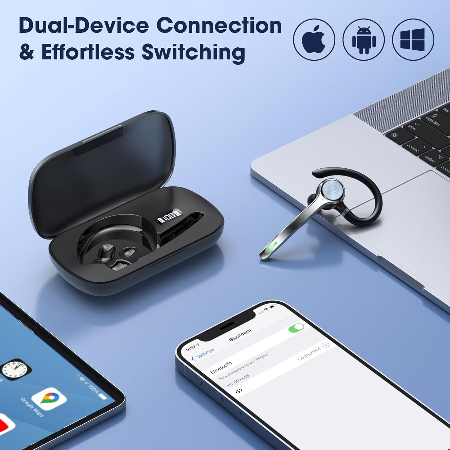 Bluetooth Headset, Wireless Earpiece with Upgrade Noise Canceling Mic,500mAh Charging Case Support 72H Talking Time,Hand-Free Headphones with Mute Button for Computer Cell Phones Trucker Work