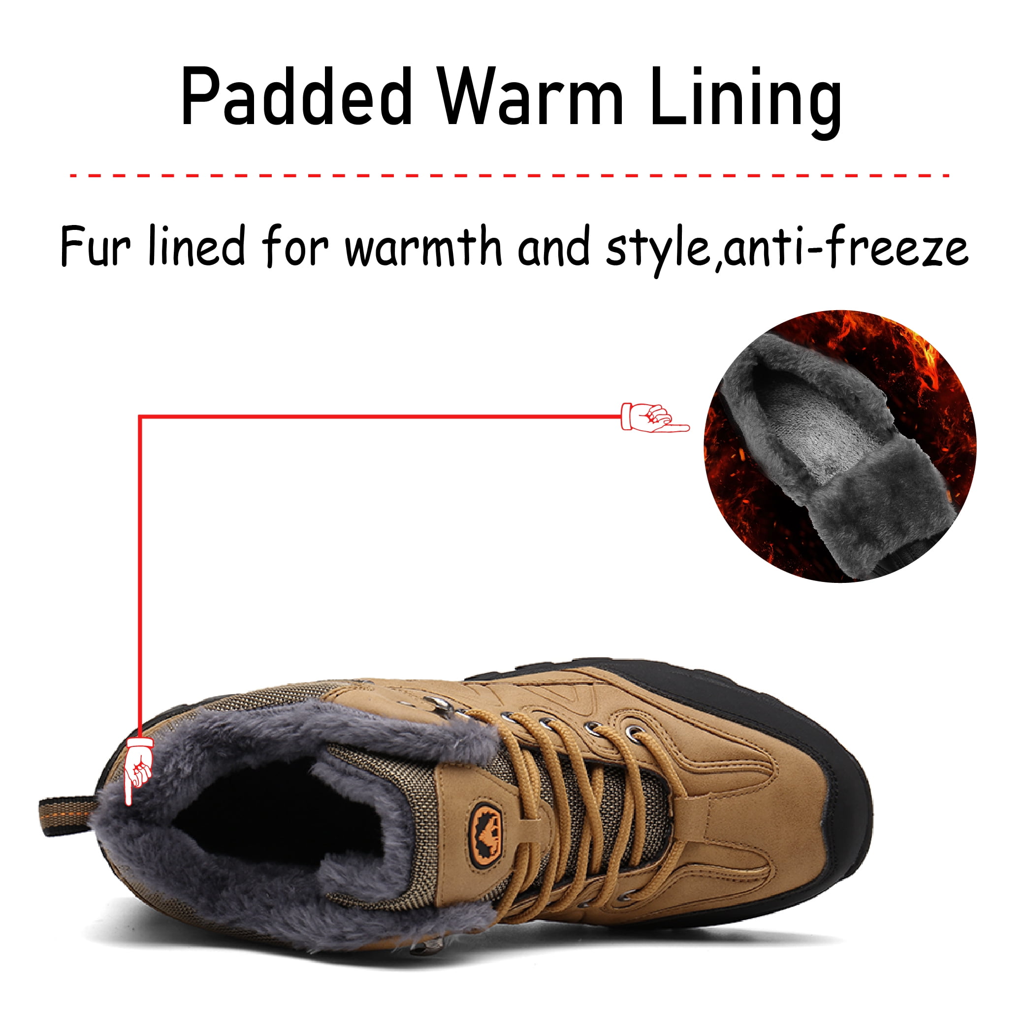 Mens Hiking Snow Boots Padded Warm Cotton Shoes Non-slip Lightweight Sneakers Waterproof Fur Lined Bare Boots Brown 10.5 UK
