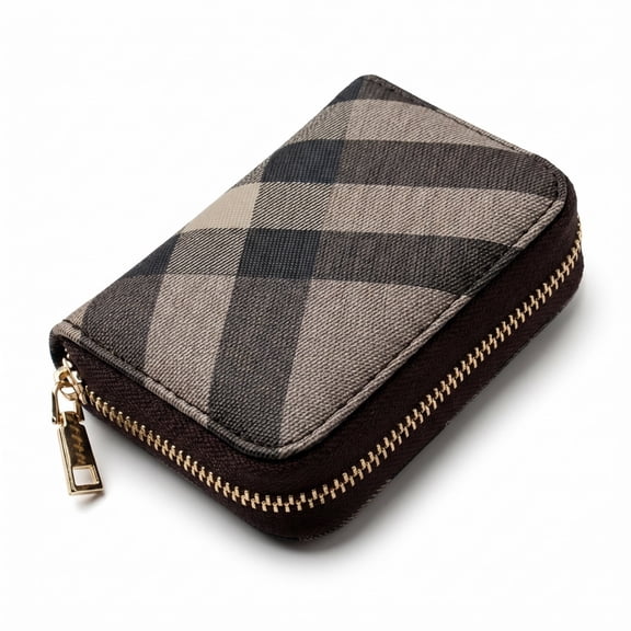 Black & Gray Plaid Mini Zip Wallet – Compact Card Holder & Coin Purse