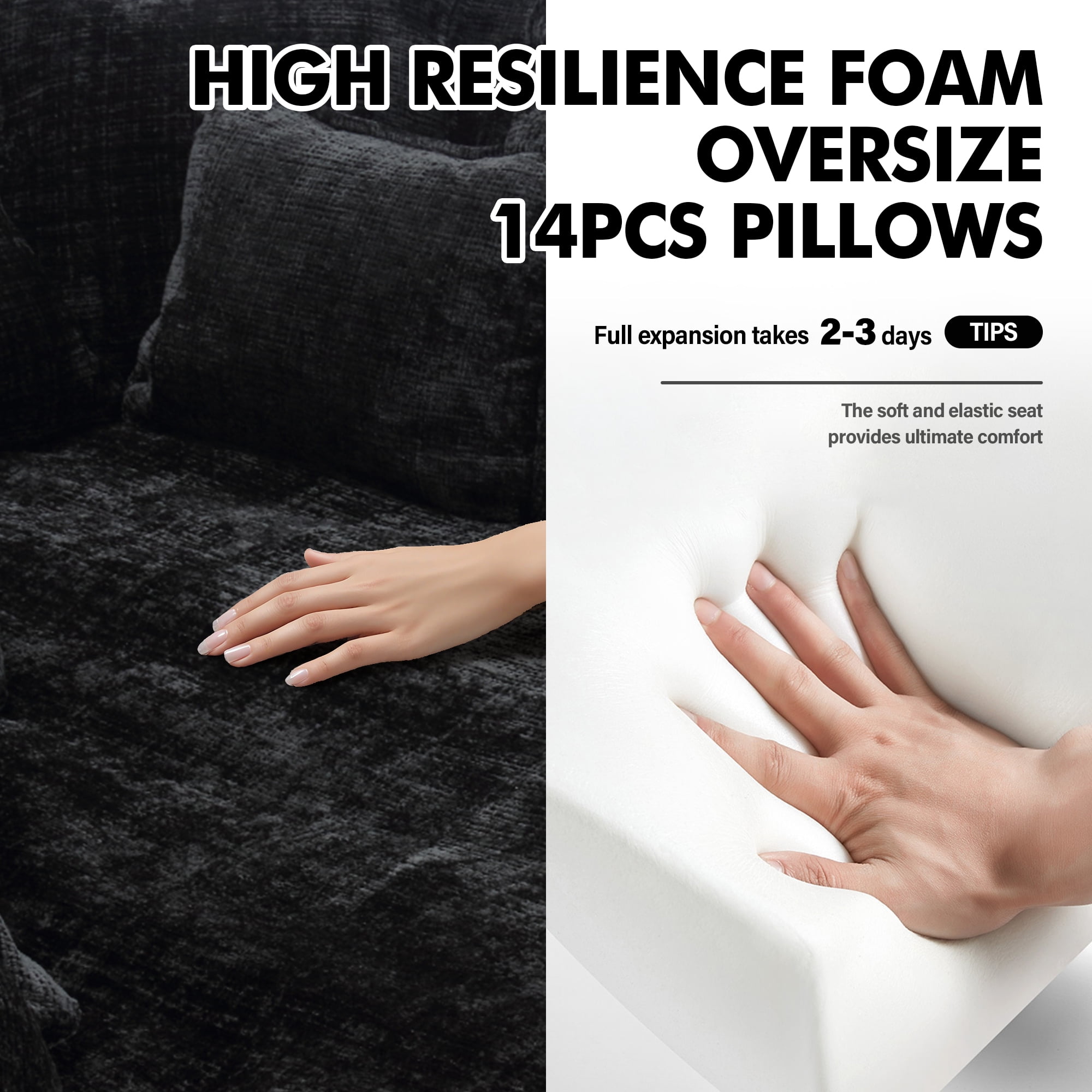 Aukfa 81" Oversized Round Chaise Lounge Sofa Bed, Modern Chenille Cloud Couch with Deep Seat, 14 Pillows, Assemble-Free, Black