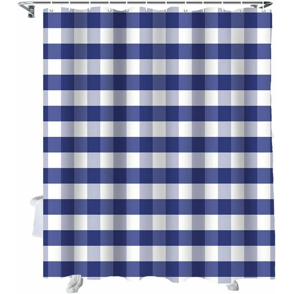 Rustic Navy Blue White Buffalo Check Plaid Pattern Shower Curtain, Farmhouse Shower Curtains Set with Hooks, Waterproof Fabric Bathroom Curtains Decor Home Accessories,72 X 72 Inch Long
