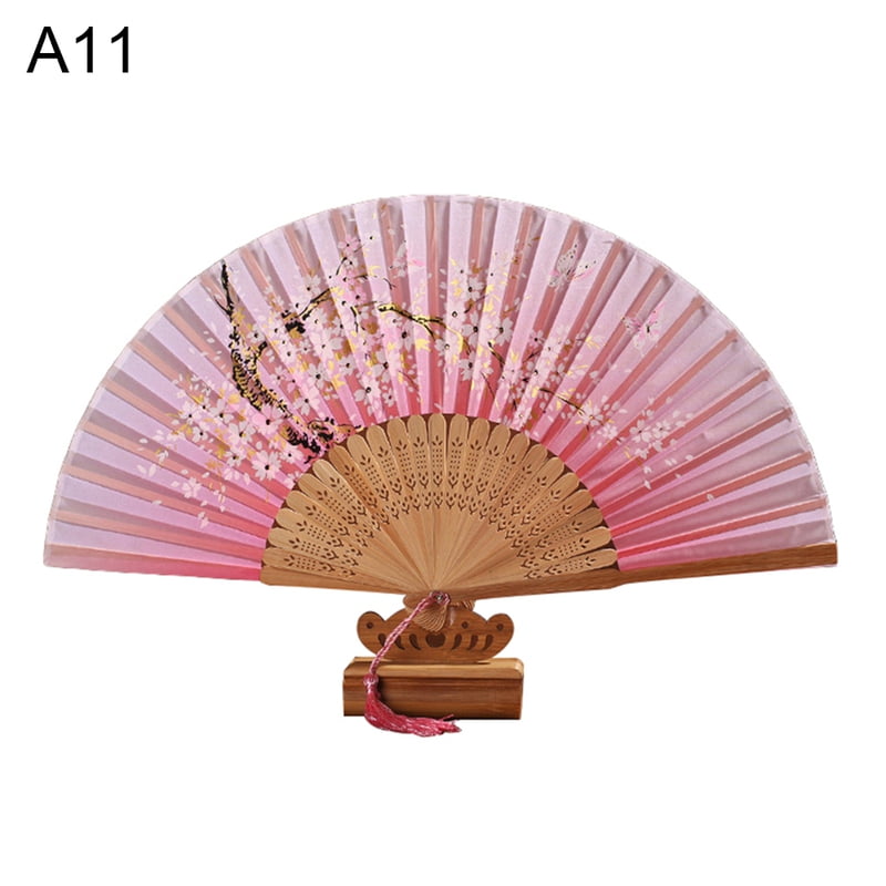 Vintage Bamboo Cherry Blossom Print Folding Handheld Girls Dancing Fan Popular 
