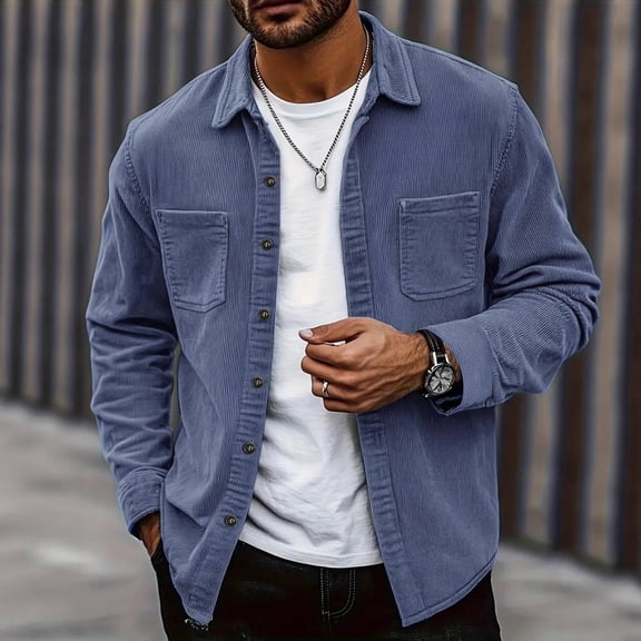 QHRMKOG Men Jacket Solid Color Long Sleeve Button Down Shirt Jackets Relaxed Fit Midweight Shackets Autumn Fashion Warm Jackets with Pockets Blue M