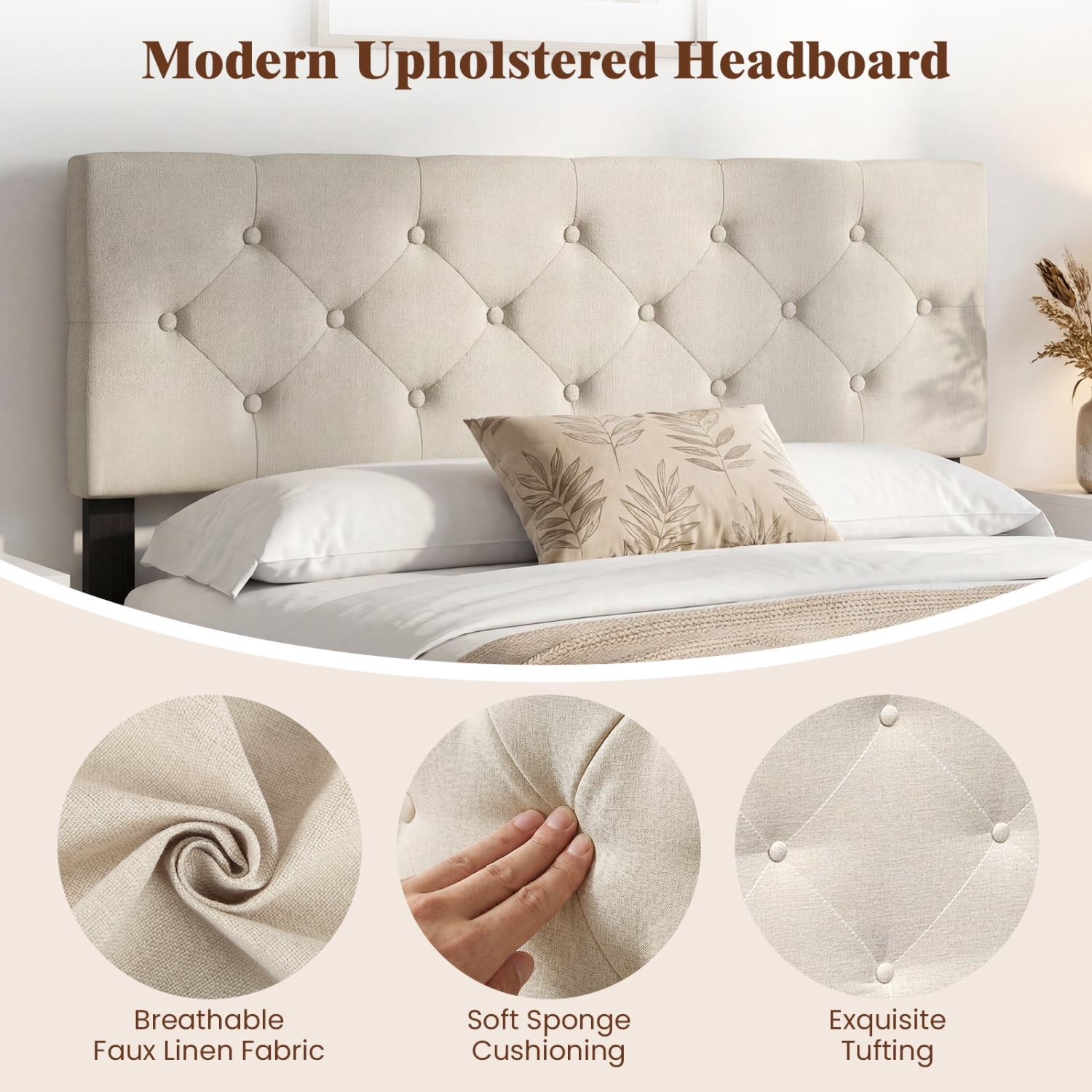 Furnibear Upholstered Tufted Linen Headboard Panel for Queen Size Beds with Adjustable Legs for Bedroom and Guest Room, Beige