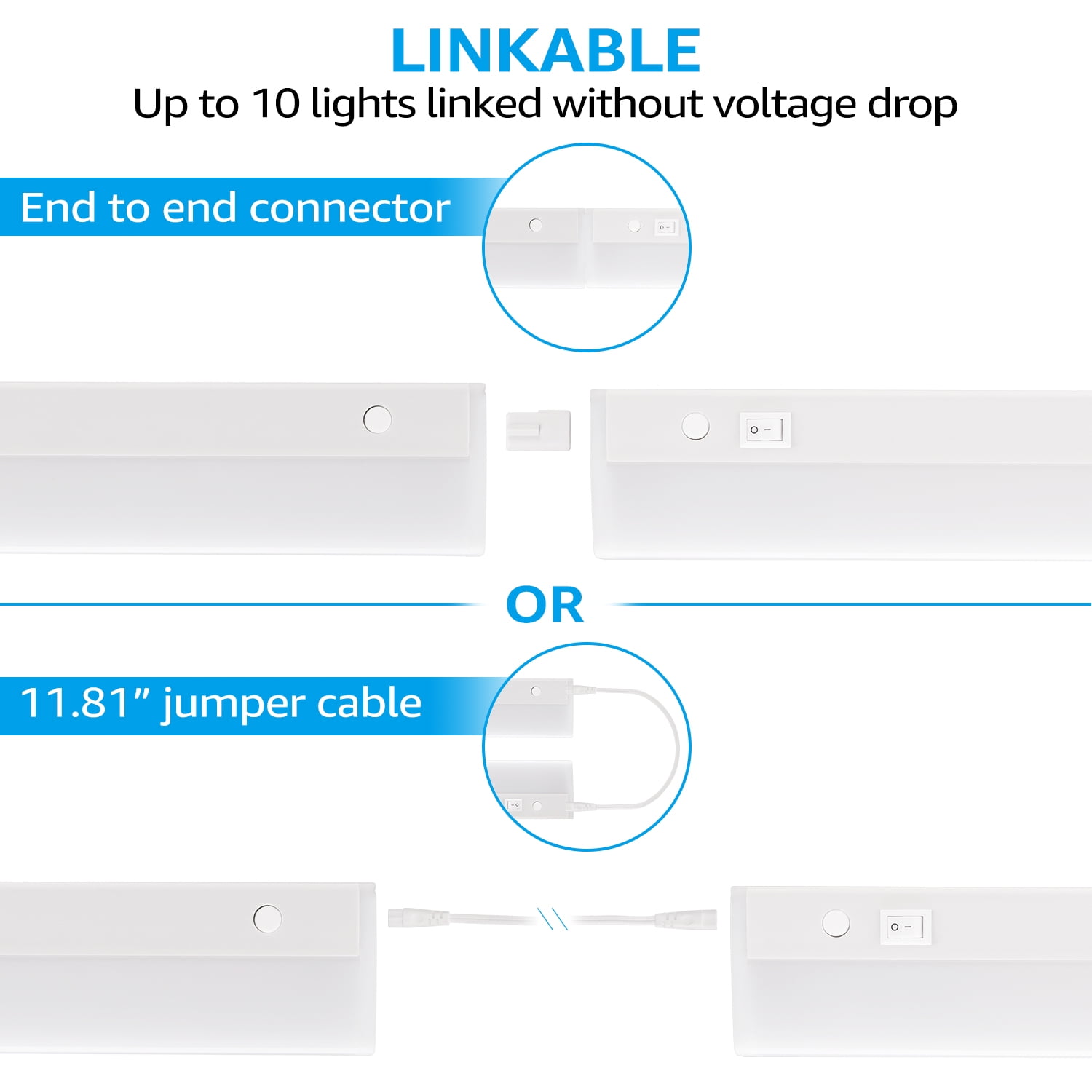 8 Pack LED Under Cabinet Task Lighting, 8W, 16 Inch, 3000K Warm White, ETL Listed, Linkable, Plug in, White Finished (Included 2*Power Cord)