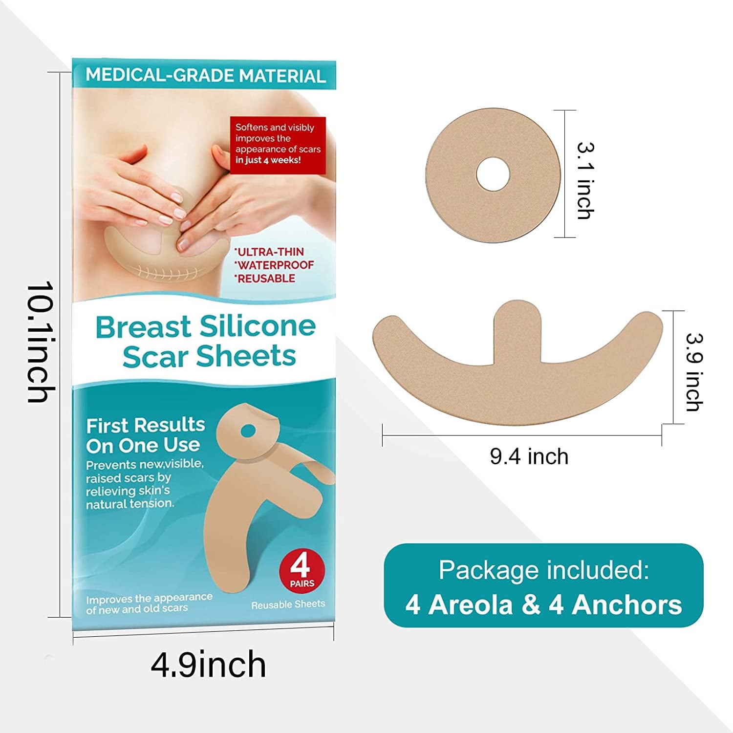 Silicone Scar Sheets, 4 Pair Silicone Scar Tape for Breast, Reusable and Effective Scar Removal