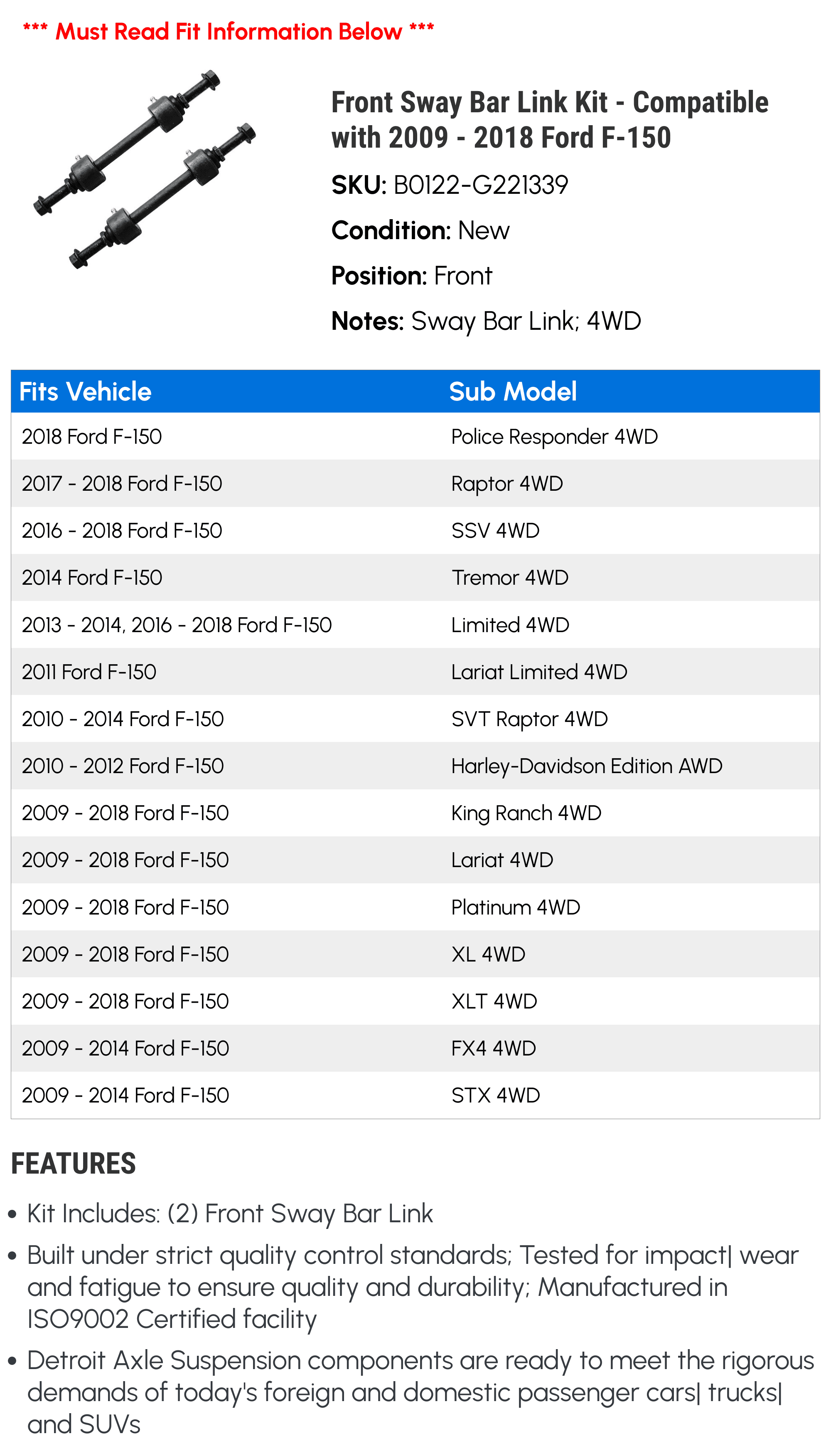 Front Sway Bar Link Kit - Compatible with 2009 - 2018 Ford F-150 2010 2011 2012 2013 2014 2015 2016 2017