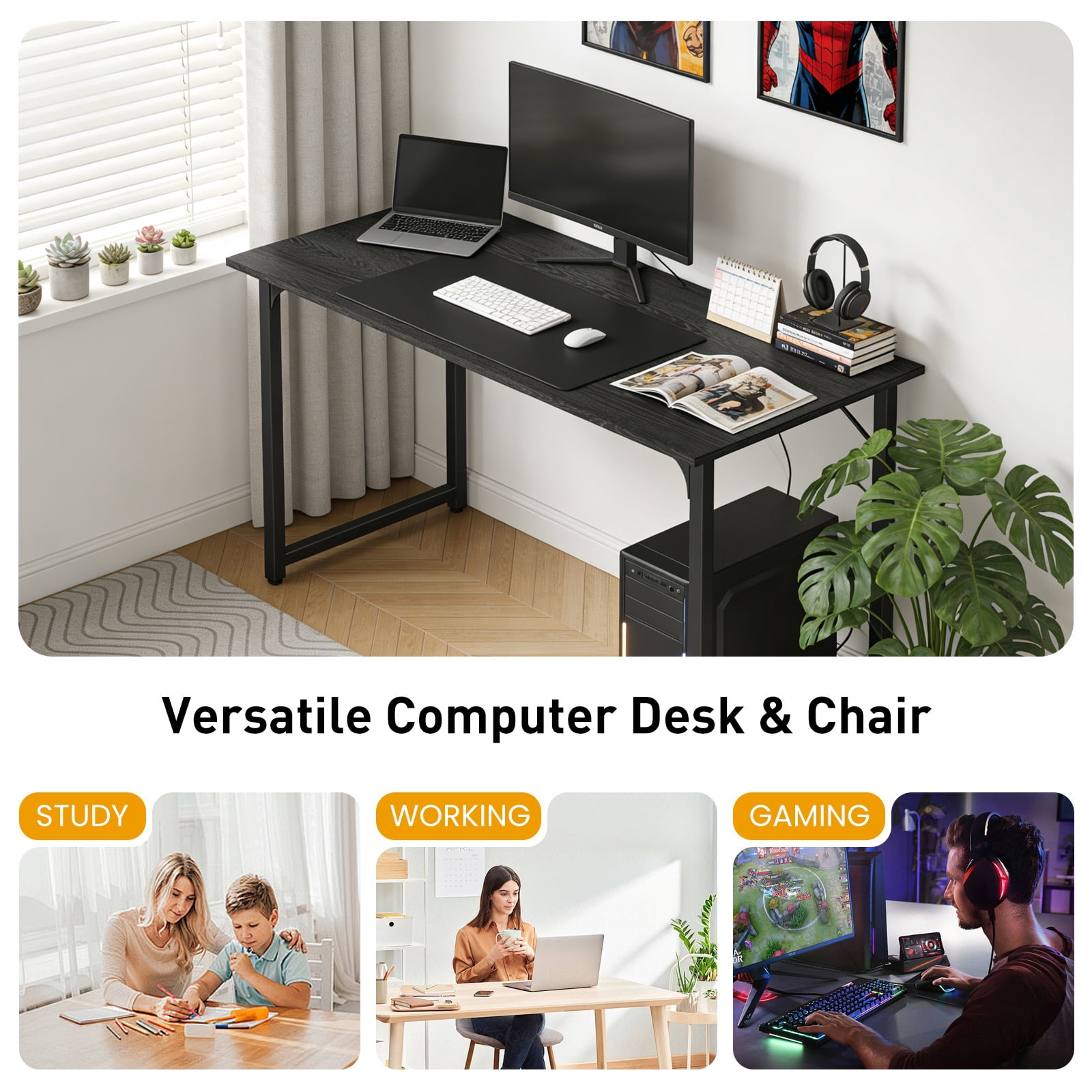 Dkelincs 40 inch Computer Desk and Chair Set Home Office Modern Wood Study Desk & Mesh Ergonomic Height Adjustable Office Chair for Small Spaces, Black & Black