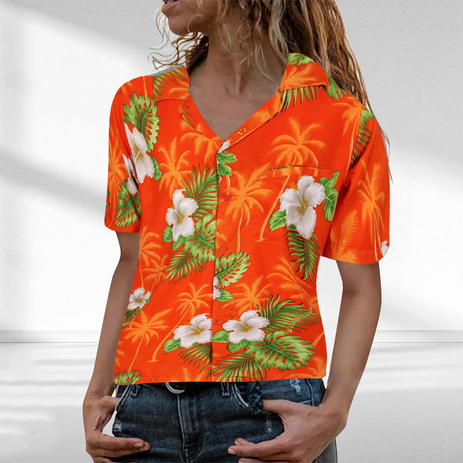 VOSS Women's Funky Hawaiian Shirt Blouse Frontpocket Leave Flower Print ...