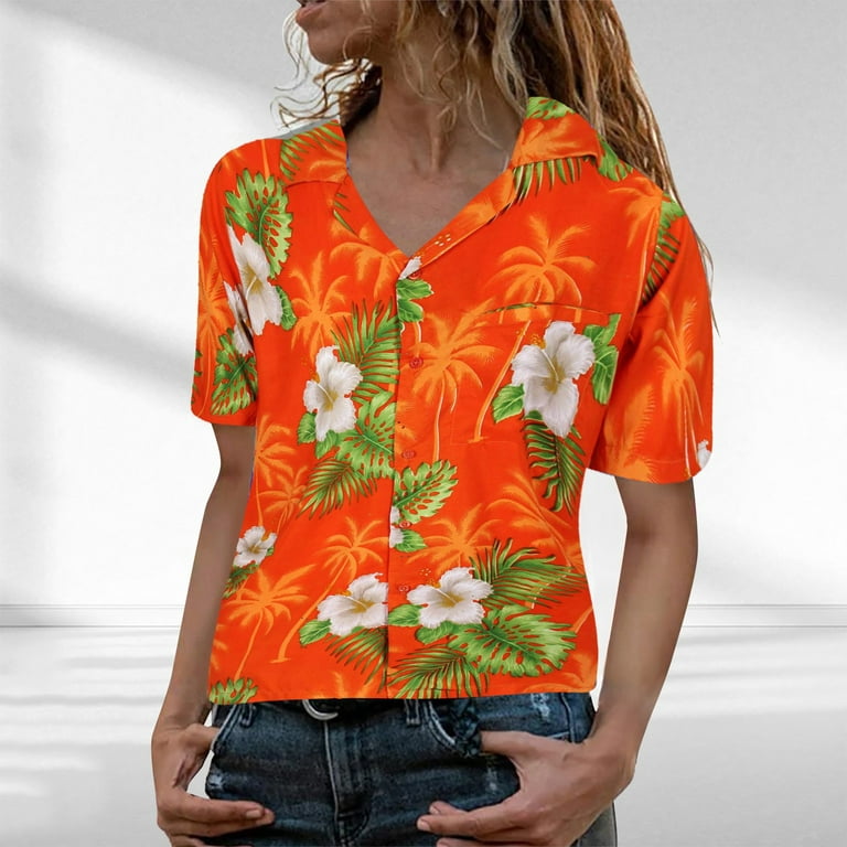 Fsqjgq Womens Casual Long Sleeve Button Down Shirts Tops V Neck Tops for  Women Funky Hawaiian Shirt Blouse Frontpocket Leaves Flowers Palm Print Top