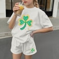thumbnail image 5 of Girls St. Patrick's Day 2 Piece Outfits Short Sleeve Shamrock Graphic Round Neck T-Shirt and Shorts Sets for Kids White 12-13Years, 5 of 6
