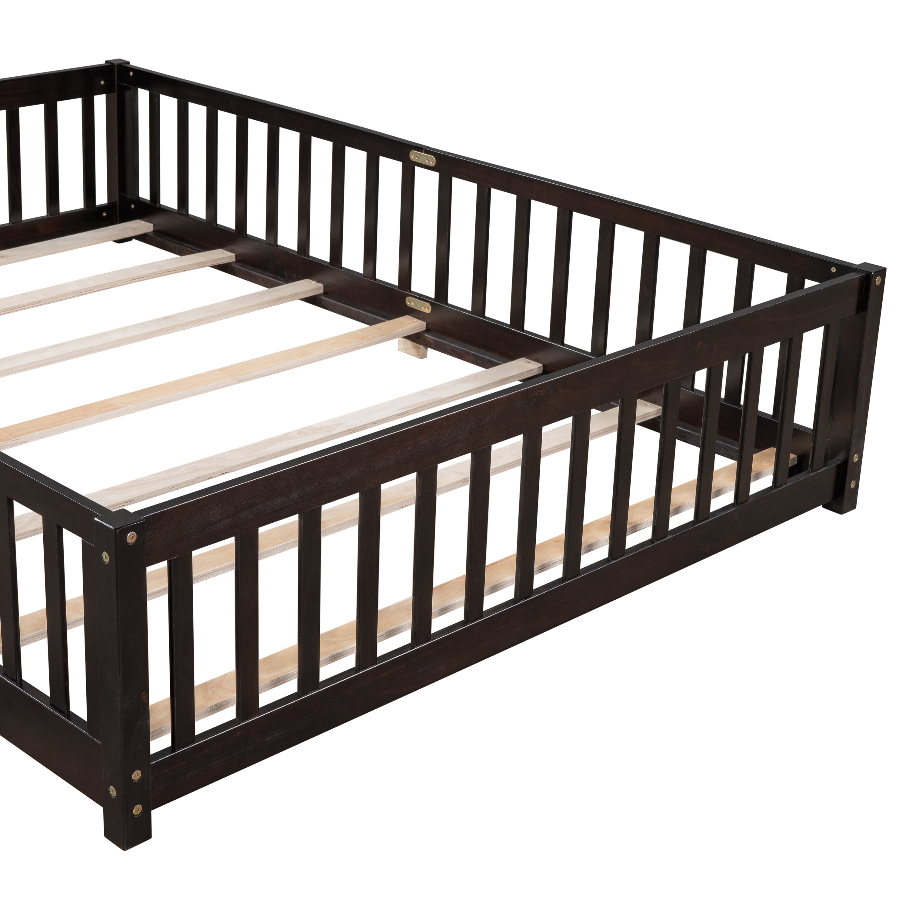 Miniyam Wood Queen Size Floor Bed with Safety Guardrails for Toddler, Espresso