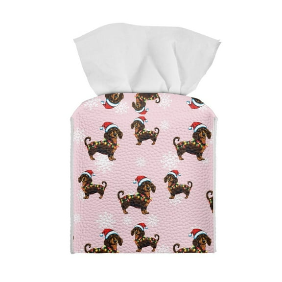 ZUXONGSY Christmas Square Tissue Box Covers Dachshund PU Leather Tissue Cube Box Customized Printed Tissue Cover Waterproof Tissue Cover Christmas Home Decoration