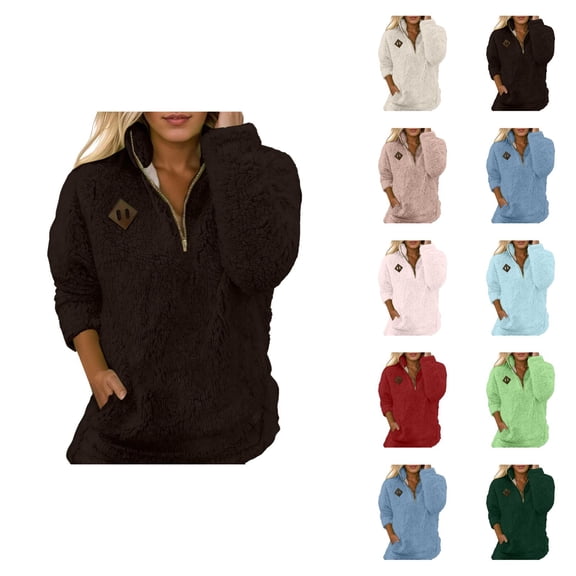 Fuzzy Sweatshirts for Women 2025 Long Sleeve Half Zip Stand Collared Sweatshirt with Pockets Pullover Tops