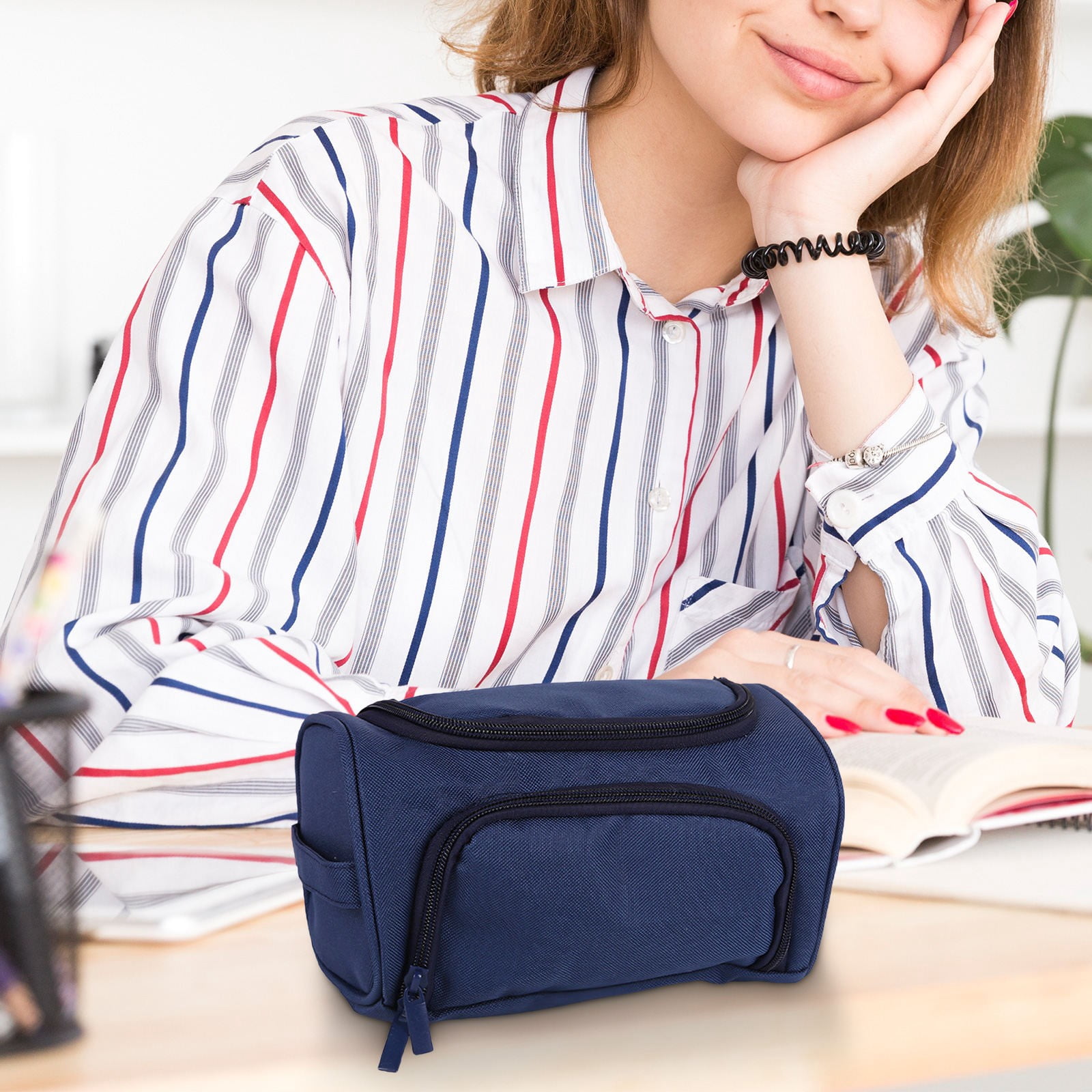 HengDidi Double-Layer Portable Pencil Bag with Side Storage and Carry Handle, Oxford Fabric Organizer for Stationery and Small Accessories