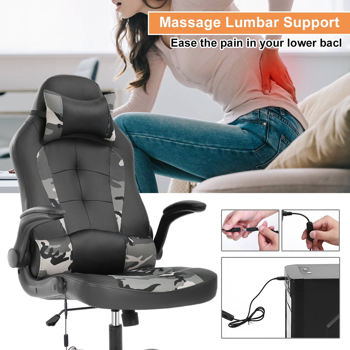 Dkelincs Massage Gaming Chair Video Game Chair Racing Computer Chair Ergonomic Office Desk Chair with a Vibrator Lumbar Support,Headrest,Flip up Armrest, Camo