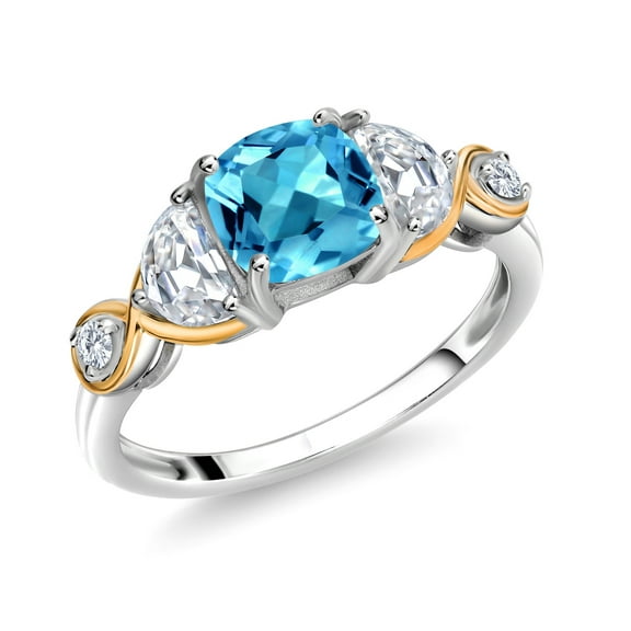 Gem Stone King 925 Silver and 10K Yellow Gold 3-Stone Ring Cushion Topaz Half Moon Moissanite and Lab Grown Diamond (1.81 Carat Cttw, Size 7)