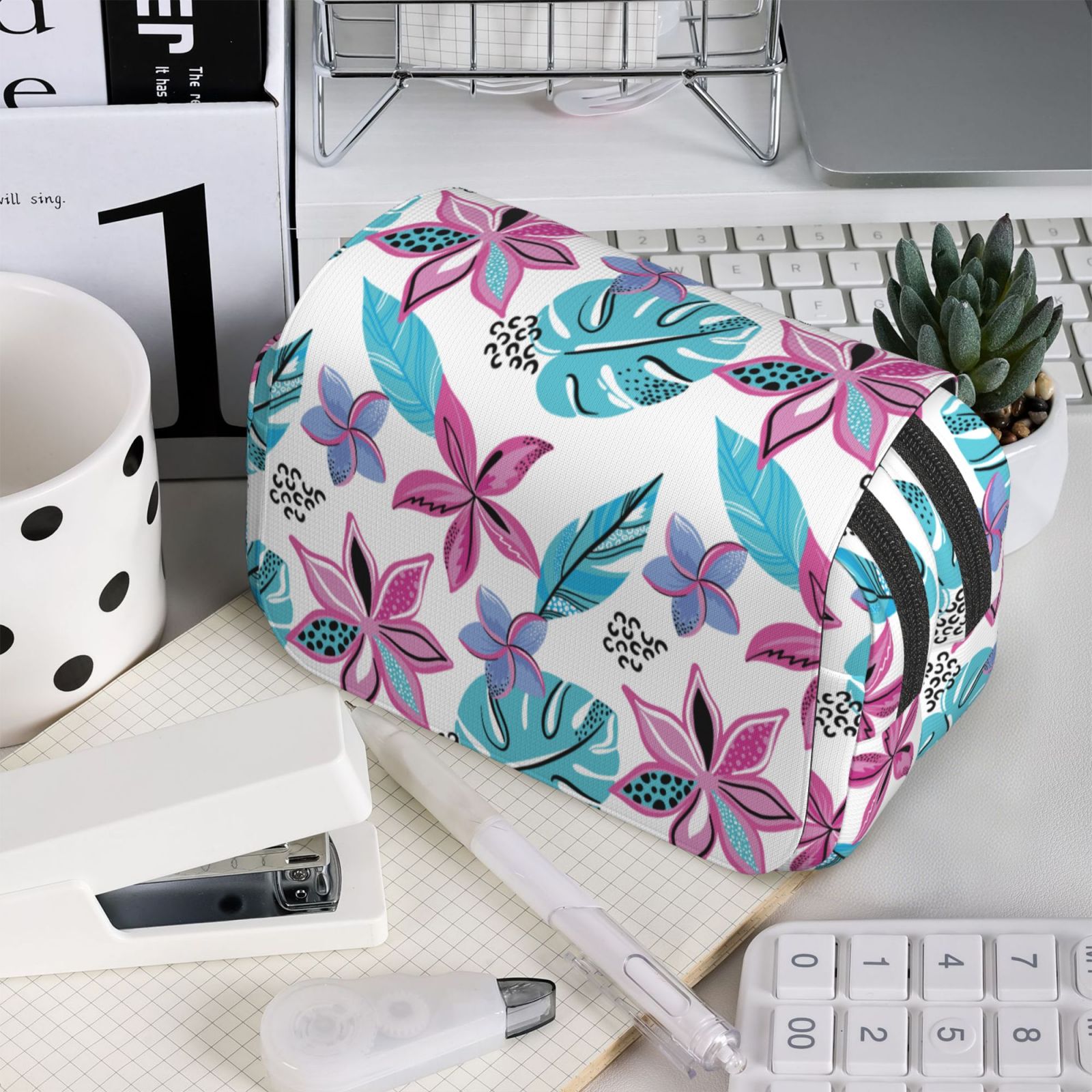 Rateoe Hawaiian Style Pattern Double Clamshell Pen Case, Storage Organizer with Two Zipper Compartments– Holds Up to 50 Pencils & Pens