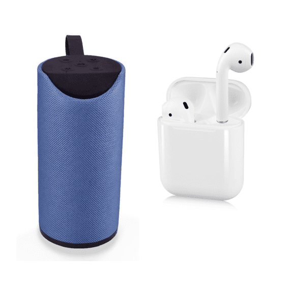 Combo bocina bluetooth con radio FM azul + audifonos inalambricos
