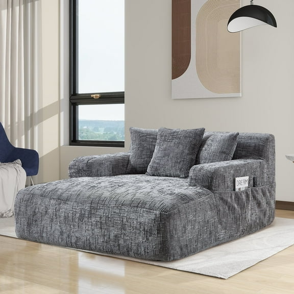Homefun 61"Chenille Oversized Chaise Lounge Chair Indoor No Assembly Required Sofa Bed with side bag 3 Pillows