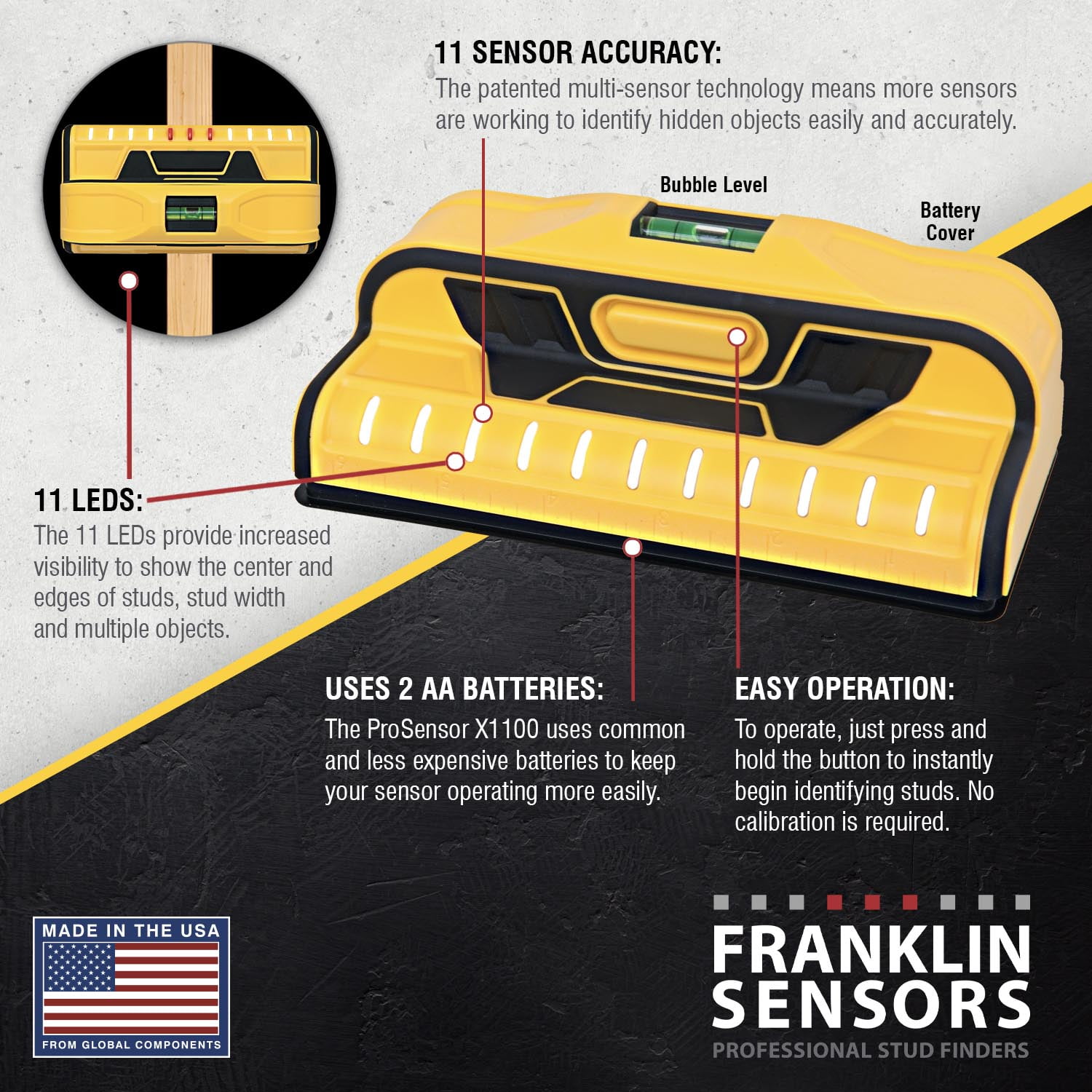 Franklin Sensors ProSensor X1100 Precision Whole Stud Detector/LED Stud Finder with 11-Sensors