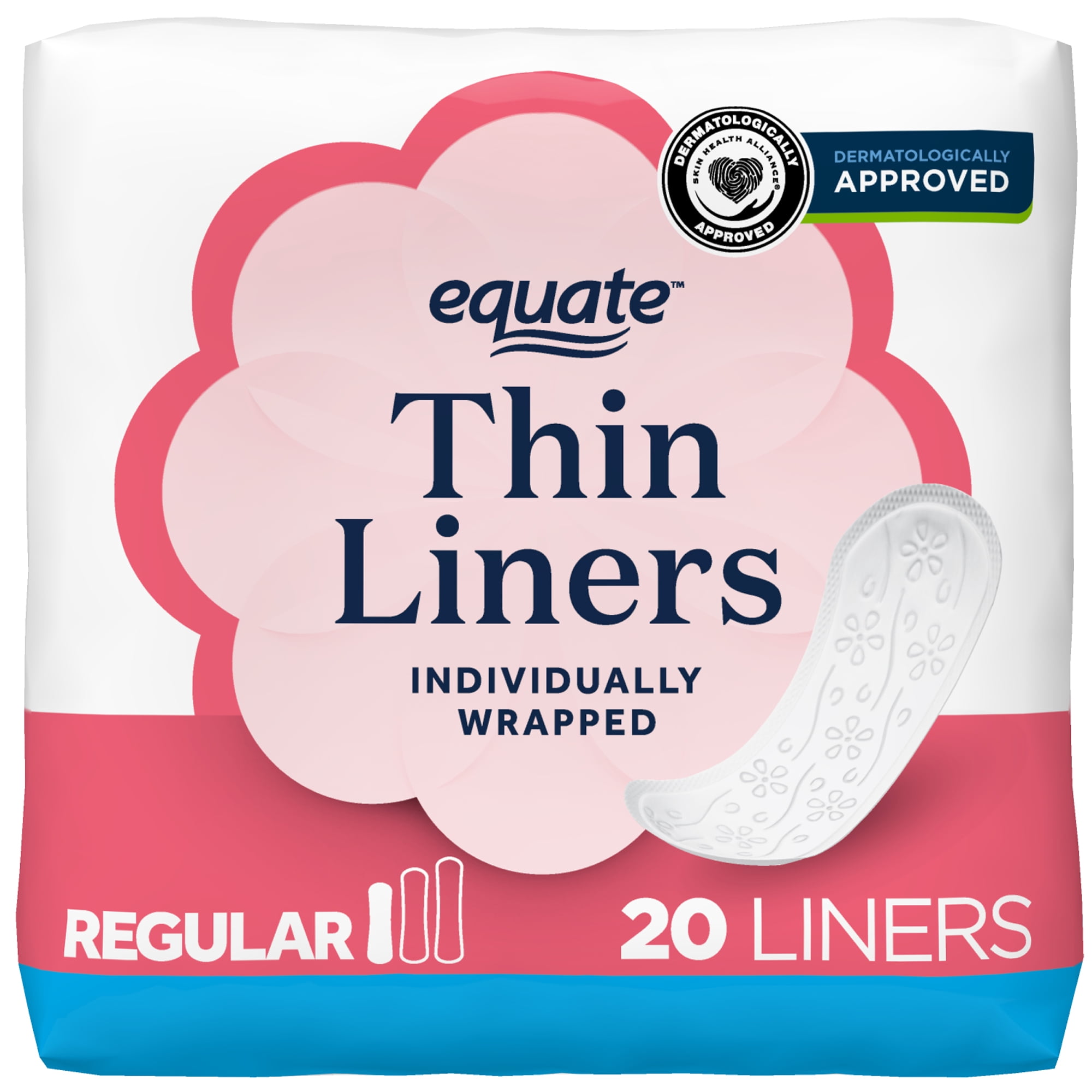 Equate Thin Panty Liners, Regular Length, Unscented, Individually Wrapped, Compare to Always®, 20 Count