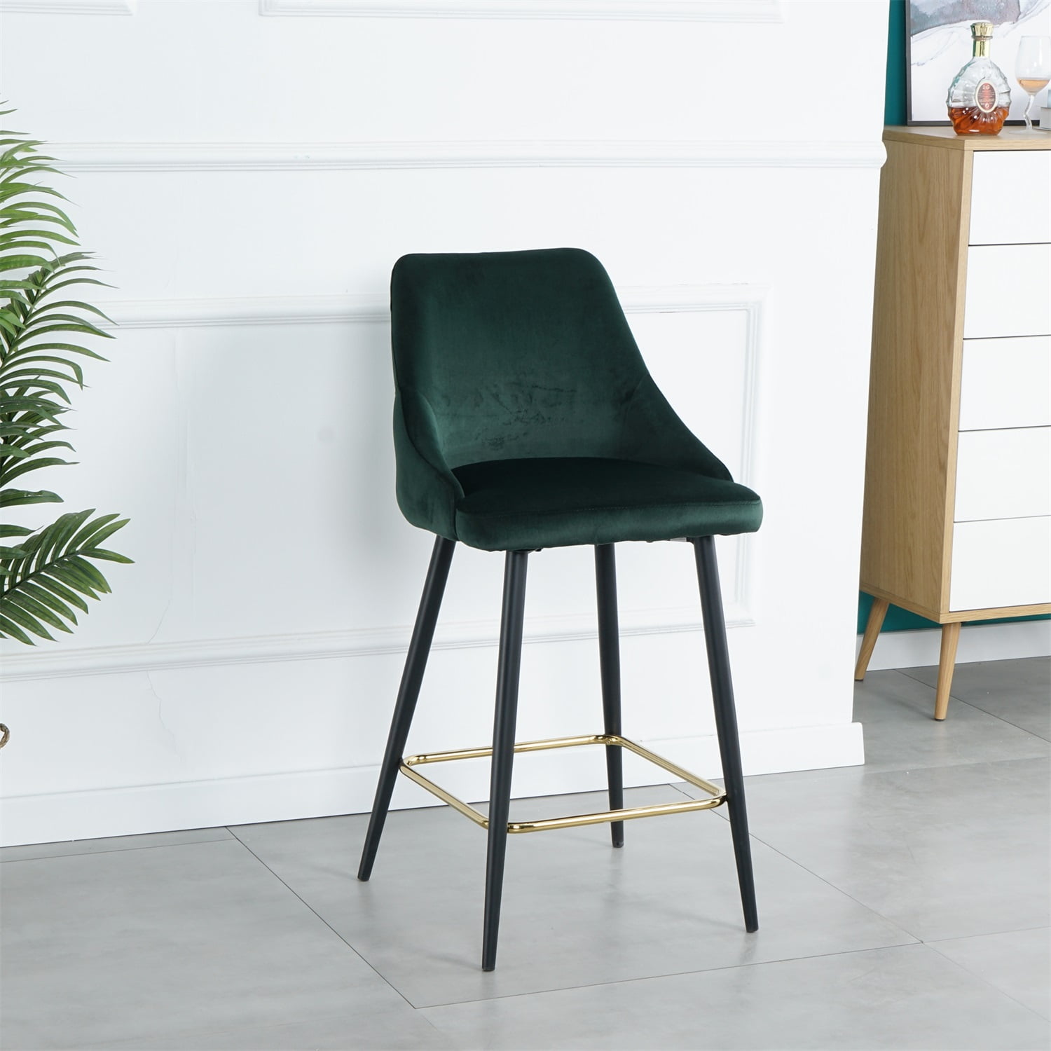 Kadyn Upholstered High Bar Stool Chair Set of 2, Modern Foam Bar Stools with Gold Legs, Bar Dining Chair for Dining Room, Green