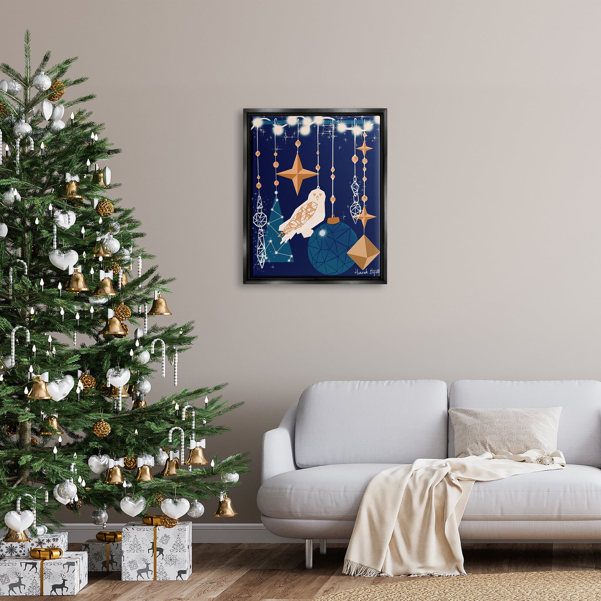 Stupell Industries Geometric Winter Owl Holiday Painting Black Floater Framed Art Print Wall Art, 25 x 31