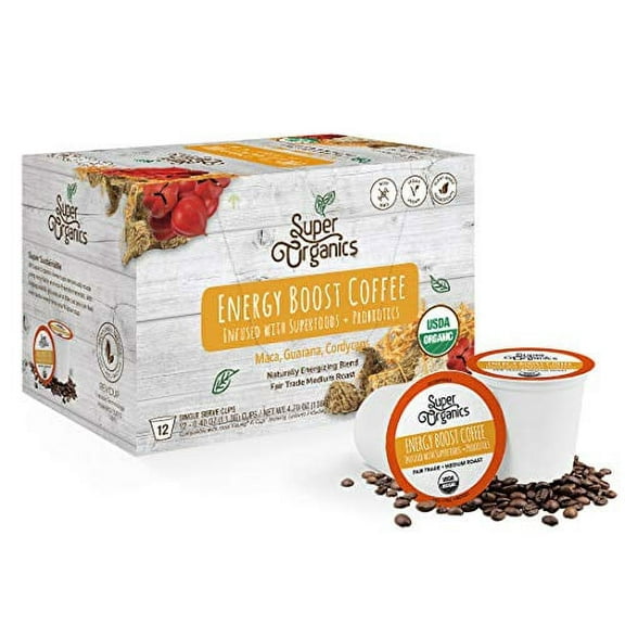 Super Organics Energy Boost Coffee Brew Cups with Superfoods & Probiotics | Keurig K-Cup Compatible | Energizing, Stamina | Medium Roast, USDA Certified Organic, Vegan, Non-GMO & Fair Trade, 12ct