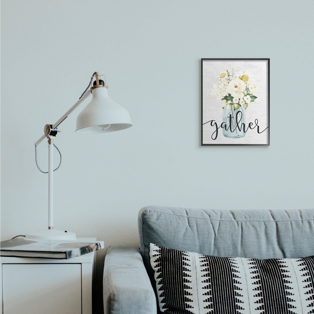 Stupell Industries Gather Phrase White Spring Bouquet Homey Sentiment Botanical & Floral Painting Black Framed Art Print Wall Art, 11 x 14