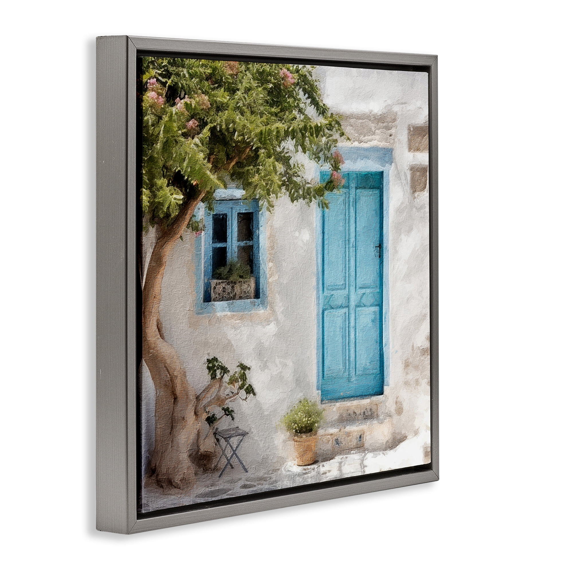 Stupell Industries Blue Door & Tree Town & City Painting Gray Floater Framed Canvas Art Print Wall Art, 18 x 18