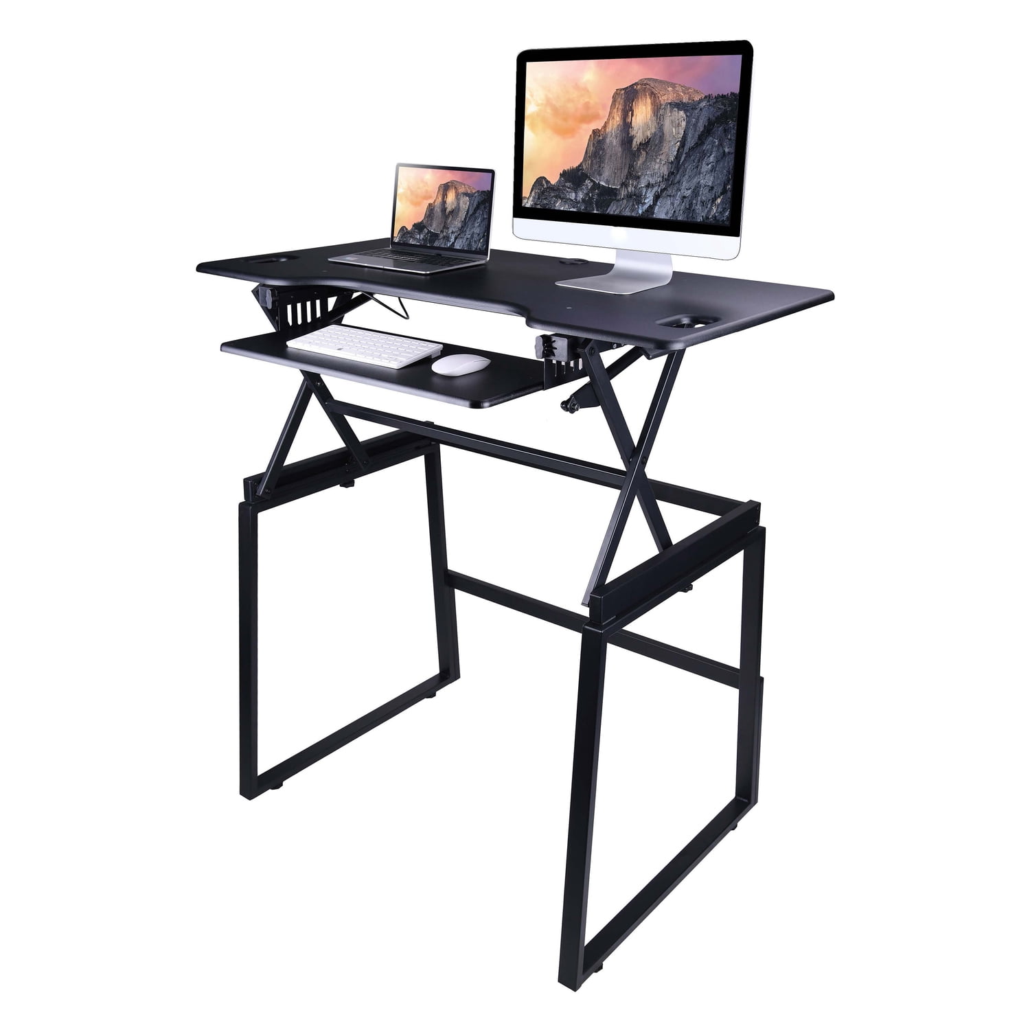 Rocelco 46" Large Height Adjustable Standing Desk BUNDLE | Quick Sit Stand Up Dual Monitor Riser | Gas Spring Assist Computer Workstation | Retractable Keyboard Tray | Black (R DADRB-46-FS)