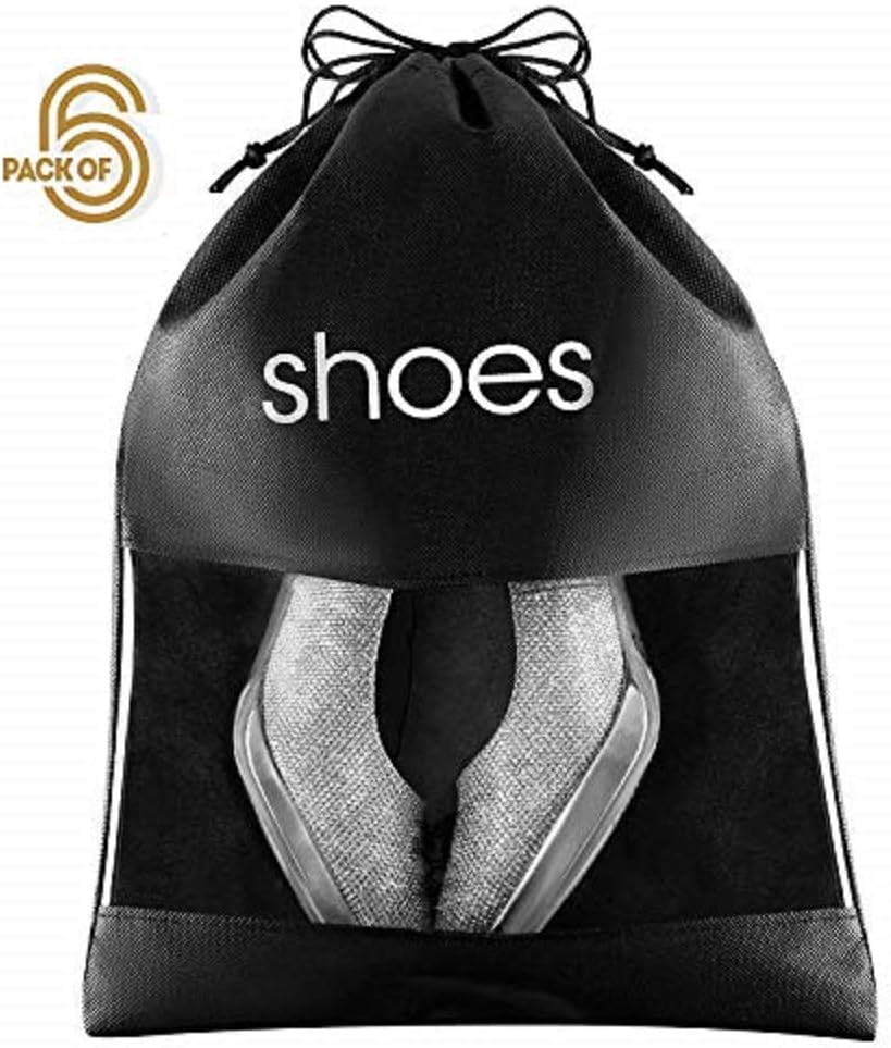 Shoe Storage Bag Organizer See Through Black Color 6 Pack - 15" x 10.5" - Shoes Travel Bags with Drawstring and PVC Window to Identify Shoes - Ideal for Home Guest Room Travel Bag