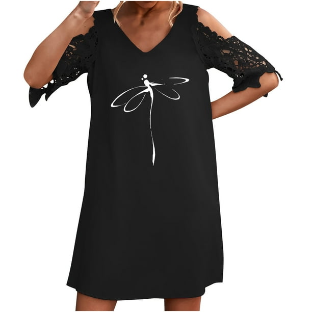 Vestidos de manga corta con hombros descubiertos y encaje con cuello en V estampado sexy de verano para mujer Fridja bnh5325