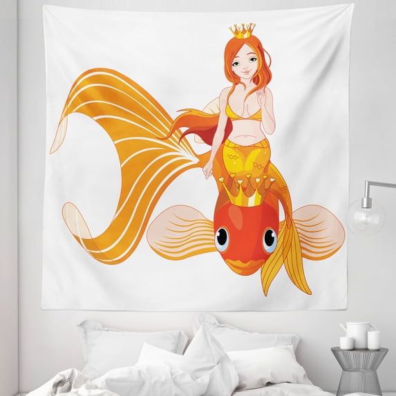Mermaid Tapestry, Cartoon Mermaid Riding on Goldfish Swimming Animals Happy, Fabric Wall Hanging Decor for Bedroom Living Room Dorm, 5 Sizes, Orange Marigold White, by Ambesonne
