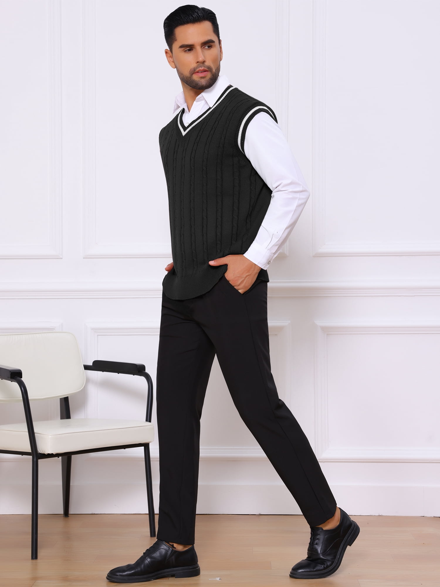 DARING DIVA Men's Solid Color V-Neck Sleeveless Cable Knitted Sweater Vest M Black
