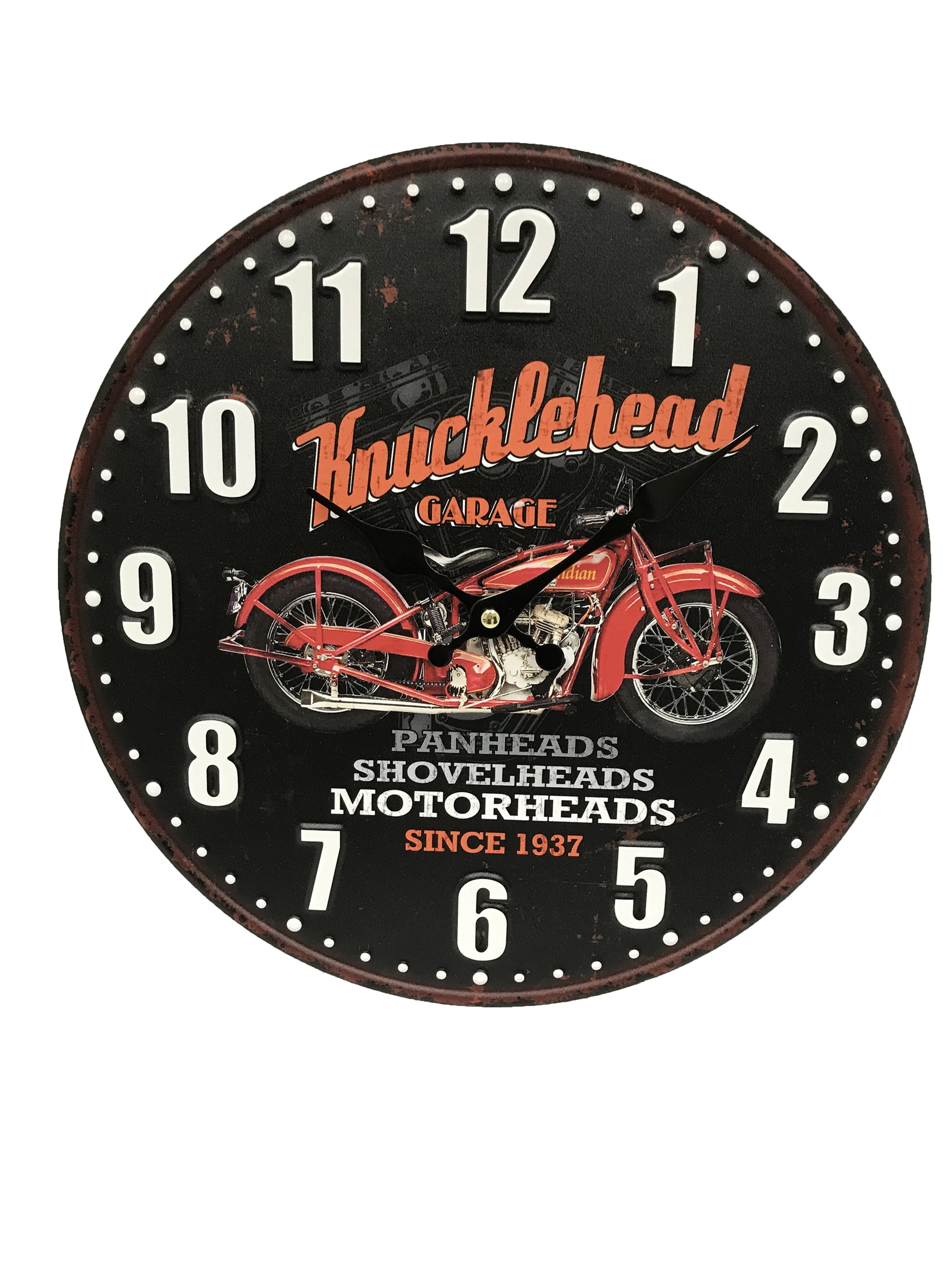 13" Vintage Metal Wall Clock with Knucklehead Garage Print on the clock face