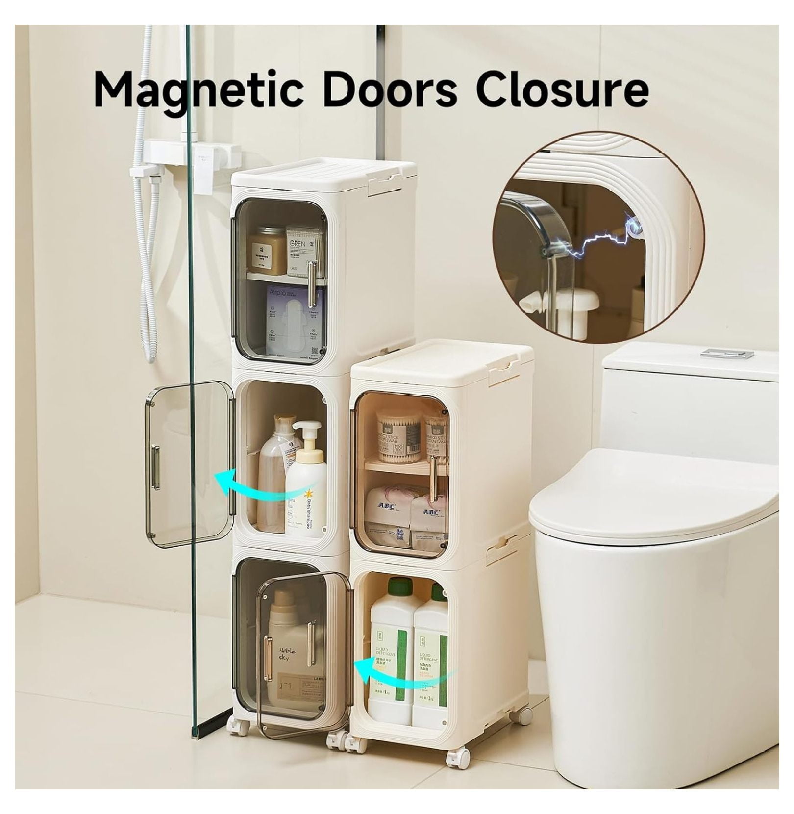 4-Tier Tall Narrow Storage Cabinet- Plastic Slim Bathroom Storage Organizer with Magnetic Doors,Adjustable Shelves&Movable Wheels, Foldable Skinny Cabinet for Small Spaces,Kitchen