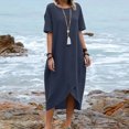 thumbnail image 1 of JUNWELL 2024 Été Mode Nouveau Coton et Chanvre Robe Longue Femmes Vintage Col Rond Irrégulière Demi-Manches Casual Uni Robe de Couleur, 1 of 6