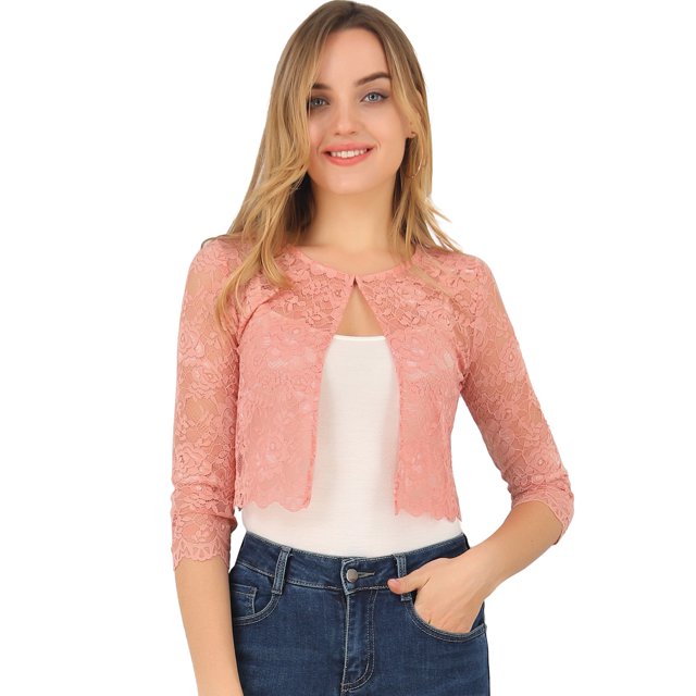 INSPIRE CHIC Cardigan Court en Dentelle Florale pour Femmes Rose G