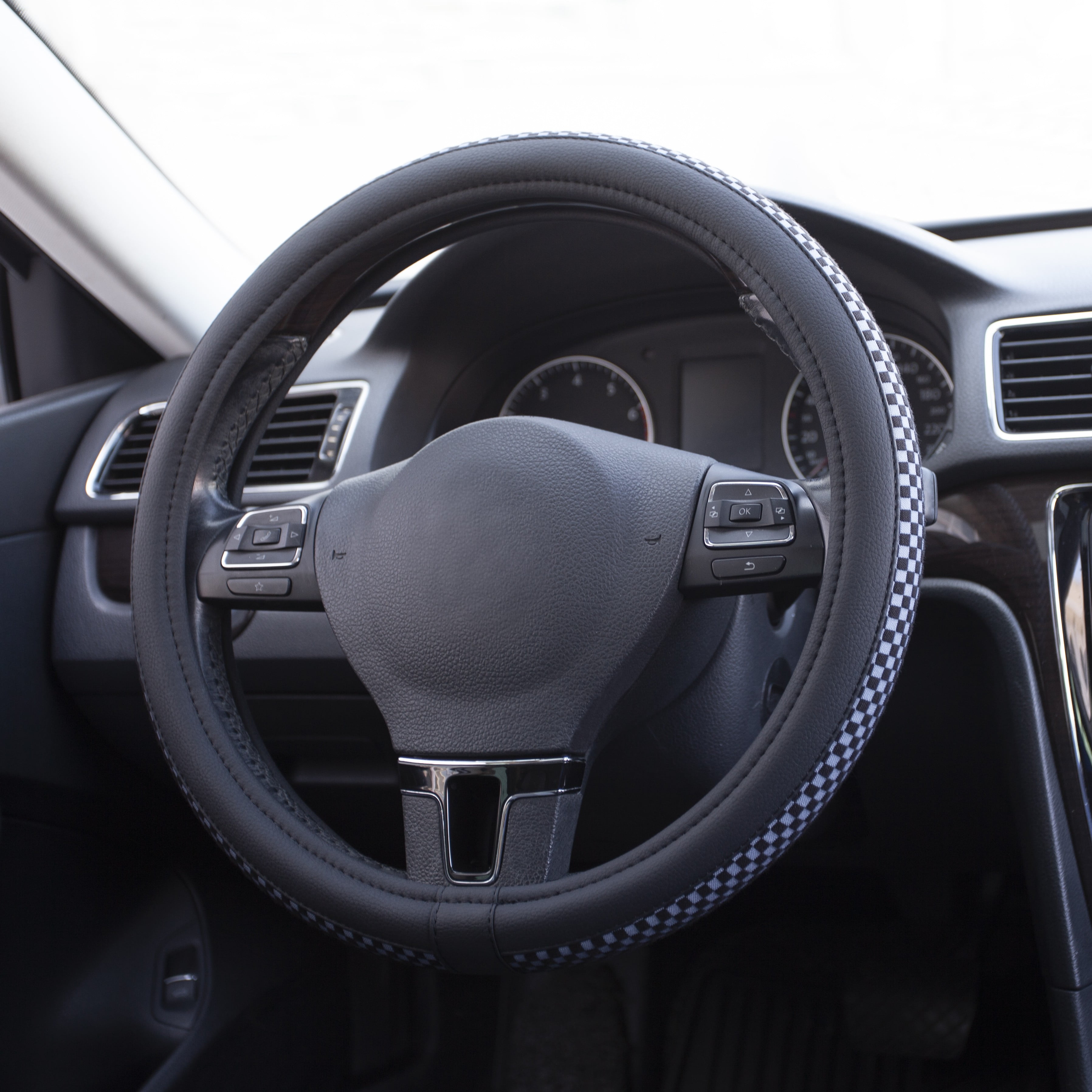 Auto Drive 1PC Steering Wheel Cover Cheque Slate Black - Universal Fit, 22SWC95