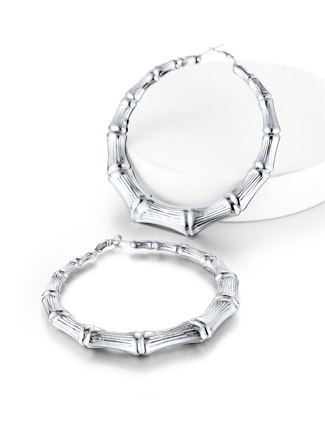 ChainsHouse Bamboo Hoop Earrings for Women Silver Hypoallergenic Chunky Earring Stainless Steel Birthday Christmas Anniversary Jewelry Gift