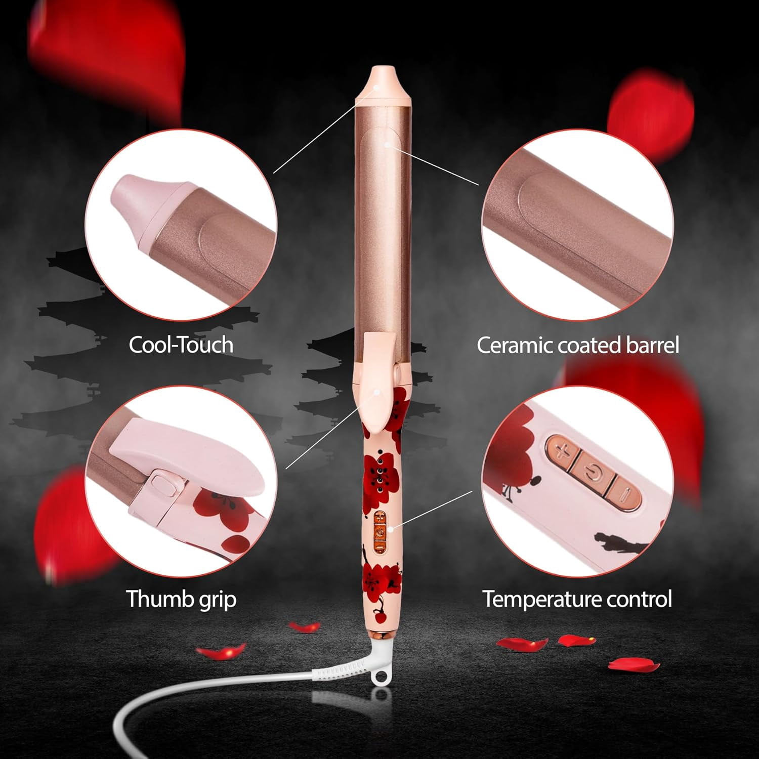 Savage Hair Curler, Professional Curling Wand for Women, Kyoto Design, 1” inch Ceramic Plated Barrel, PTC Heating Element, 5 Temperature Settings 266° - 410°, Auto Off, 360° Swivel 9’ Foot ALCI Cord