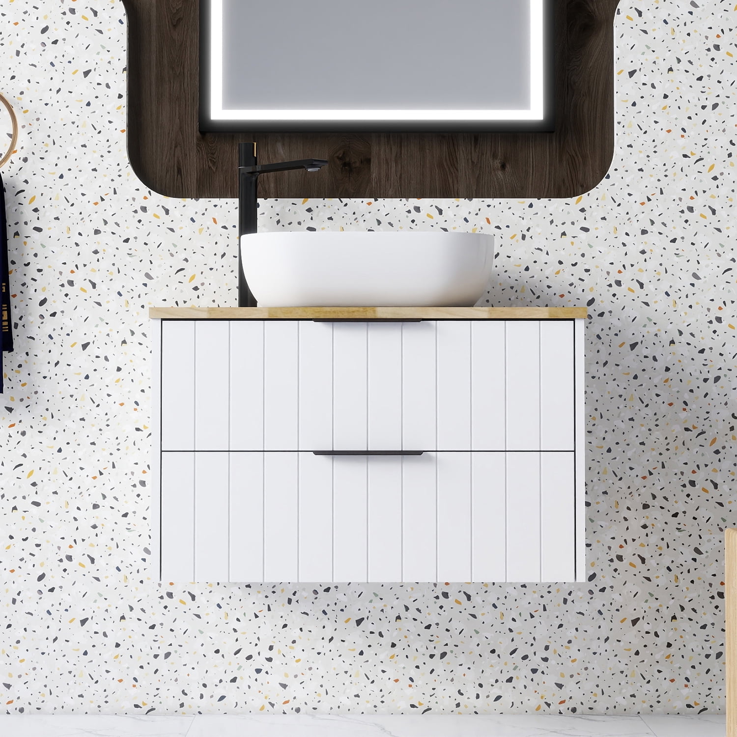 Demi Bonn 31" Double Drawer Wall-Mounted Bathroom Vanity with Solid Wood Natural Top, Square Art Ceramic Sink, Faucets and Drains Not Included, White