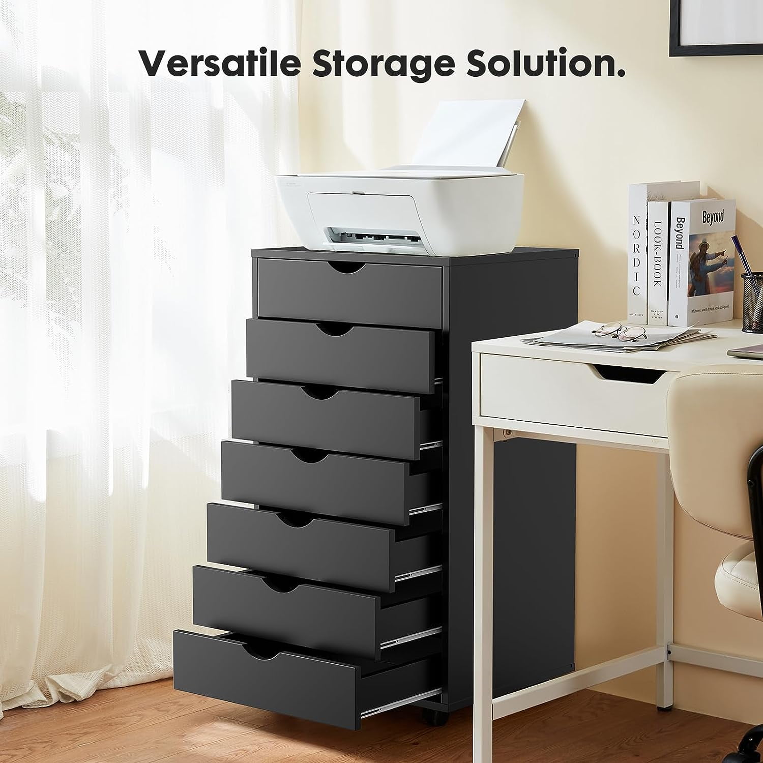 7 Drawer Storage Organizer, 34.25'' Height File Cabinets Dressers With Wheels, Wood Cabinet For Home Office, Bedroom, Study, Black
