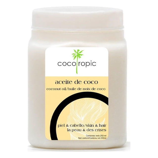 aceite de coco orgánico extra virgen 1 litro frutilupi shop frasco blanco frontal con etiqueta crema y logo, envase cilíndrico de tapa rosca con texto 'aceite de coco' y gráfico de palmera visible; usado como aceite alimentario y a menudo aplicado en piel y cabello.